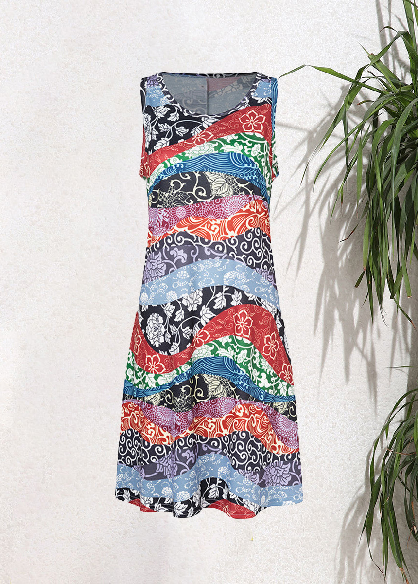 Sleeveless Pullover Printed Pocket Swing Round Neck Vest Dress