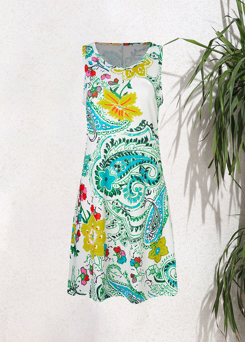 Sleeveless Pullover Printed Pocket Swing Round Neck Vest Dress