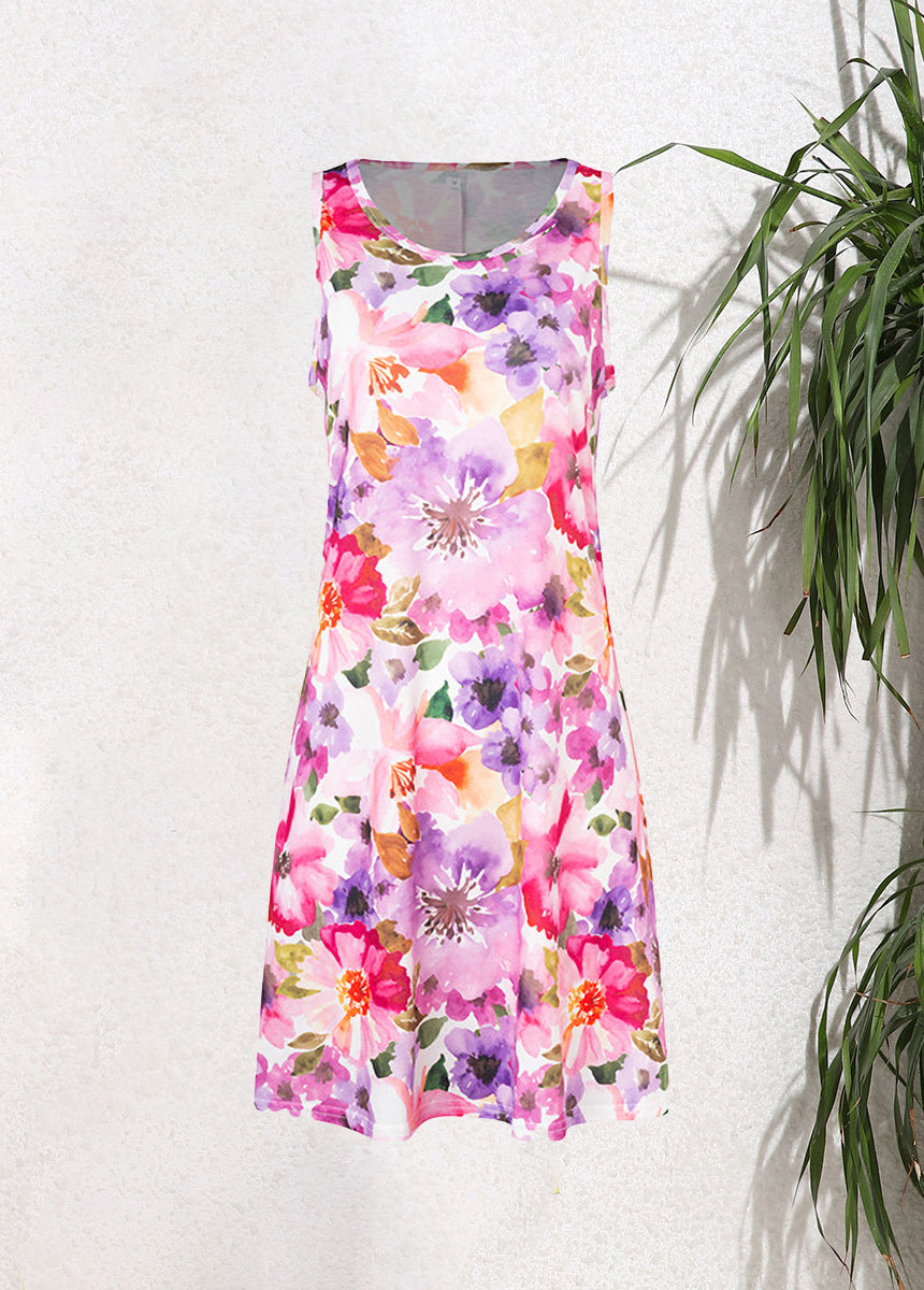 Sleeveless Pullover Printed Pocket Swing Round Neck Vest Dress