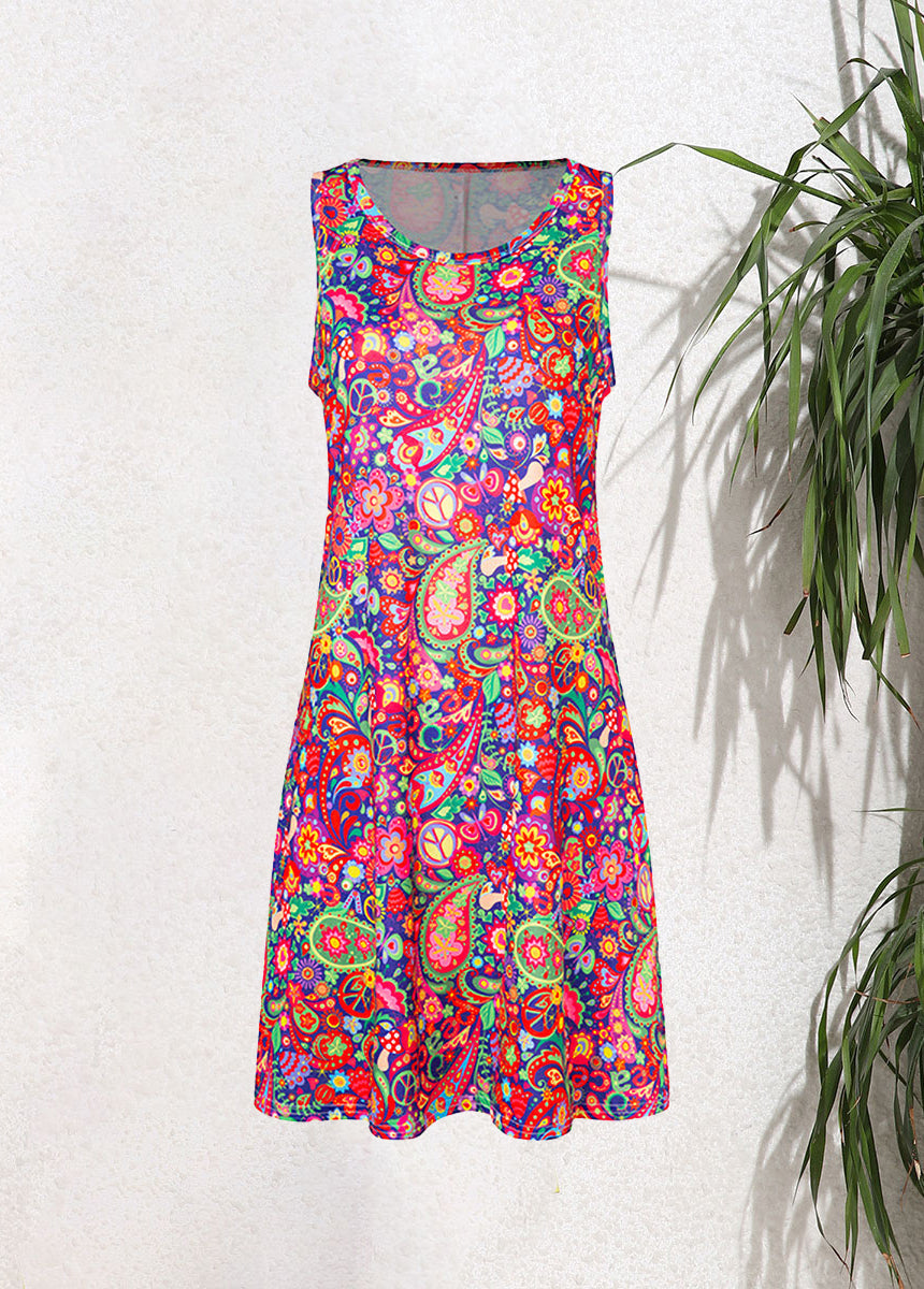 Sleeveless Pullover Printed Pocket Swing Round Neck Vest Dress