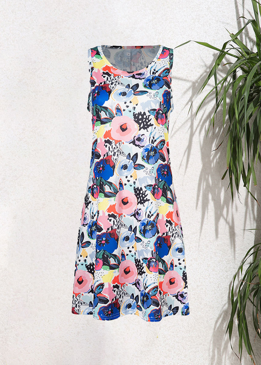 Sleeveless Pullover Printed Pocket Swing Round Neck Vest Dress