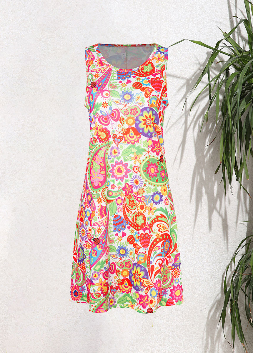 Sleeveless Pullover Printed Pocket Swing Round Neck Vest Dress