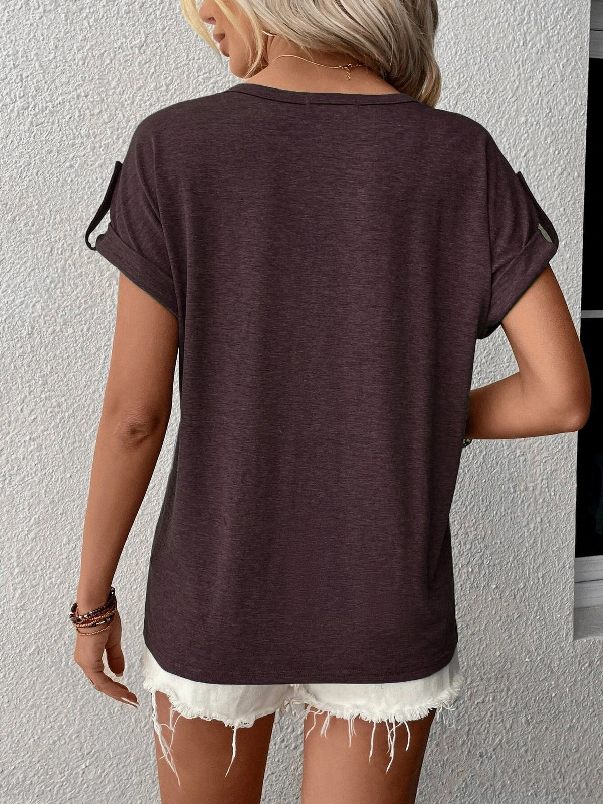 Women's Fashion Oversized Short Sleeve Solid Color V-Neck Button T-Shirt