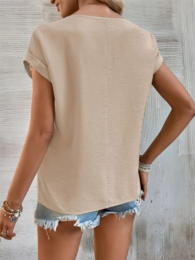 Solid Color Hollow Out Splicing Lace Short Sleeve O Neck Pullover T-Shirt