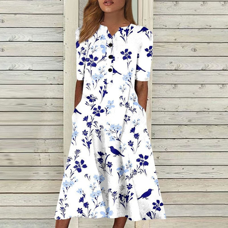 Vintage Casual Floral Print A-Line Short Sleeve Pocket Boho Dress