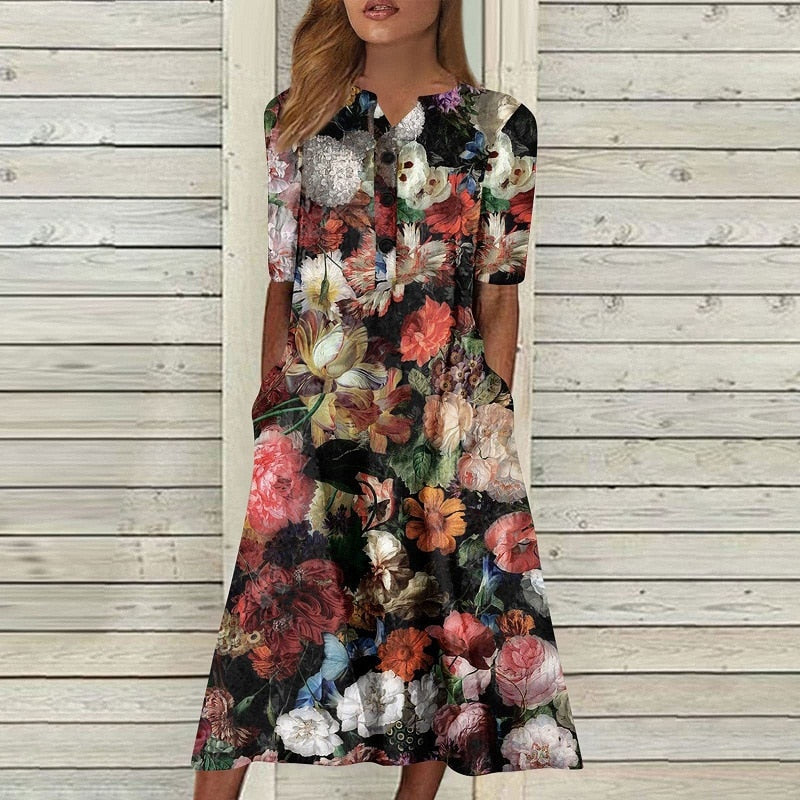 Vintage Casual Floral Print A-Line Short Sleeve Pocket Boho Dress