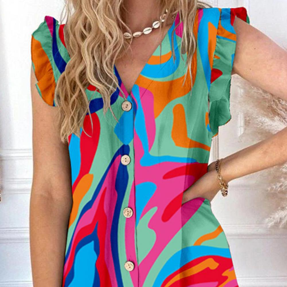 Elegant V Neck Lace Up Printed Short Sleeve Ruffle Design Flower Mini Dress