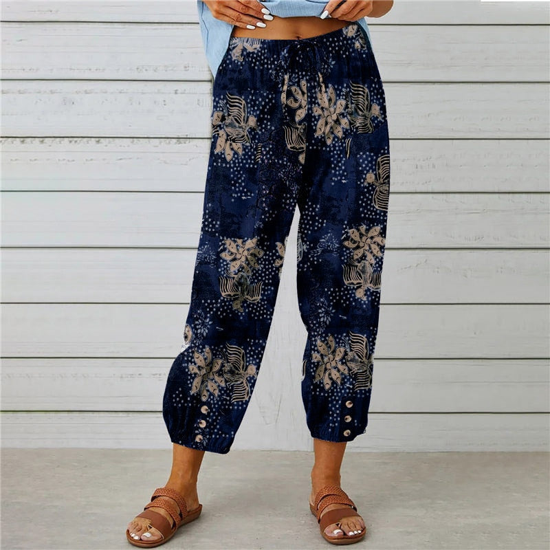 Pocket Loose Drawstring High Waist Retro Print Pants