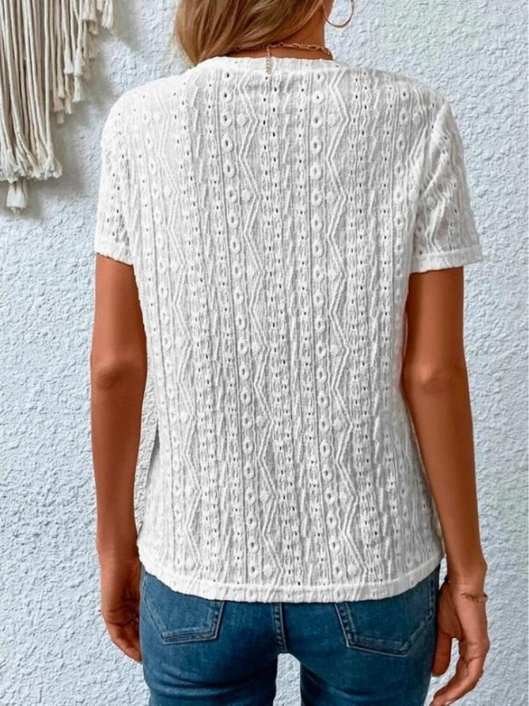 Solid Color Short Sleeve Hollow Out Round Neck T-Shirt