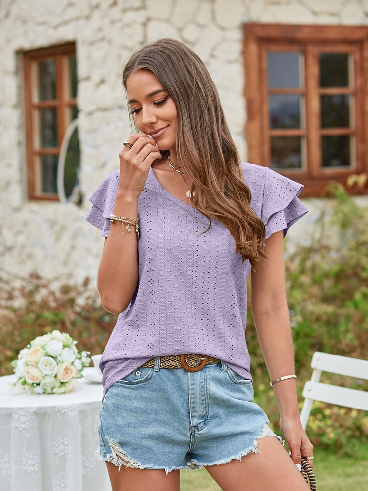 V Neck Short Sleeve Ladies Elegant Casual T-Shirts
