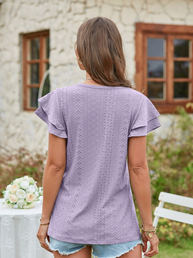 V Neck Short Sleeve Ladies Elegant Casual T-Shirts
