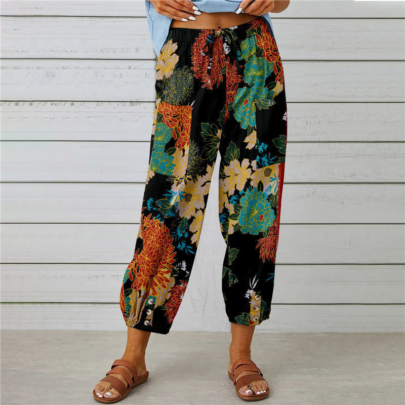Pocket Loose Drawstring High Waist Retro Print Pants