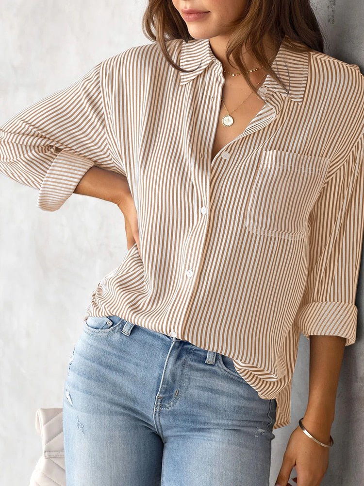 Long Sleeve Striped Button Up Tops