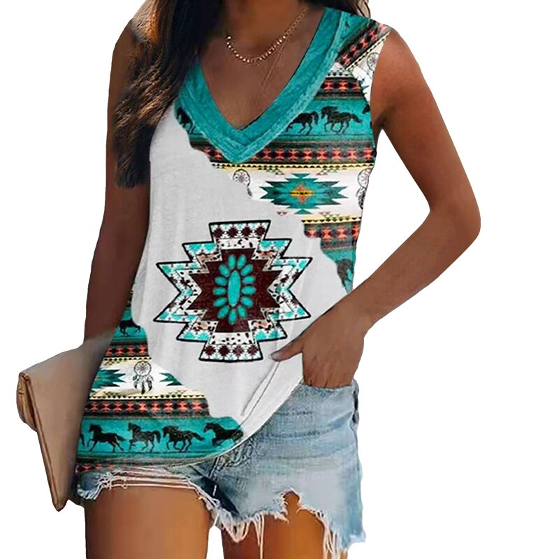 Sleeveless Multi-pattern Print V-neck Loose Tank Top