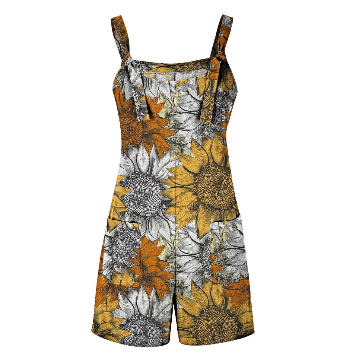 Bohemian Floral Printed Short O Neck Sleeveless Elegant Shorts Loose Rompers with Pockets