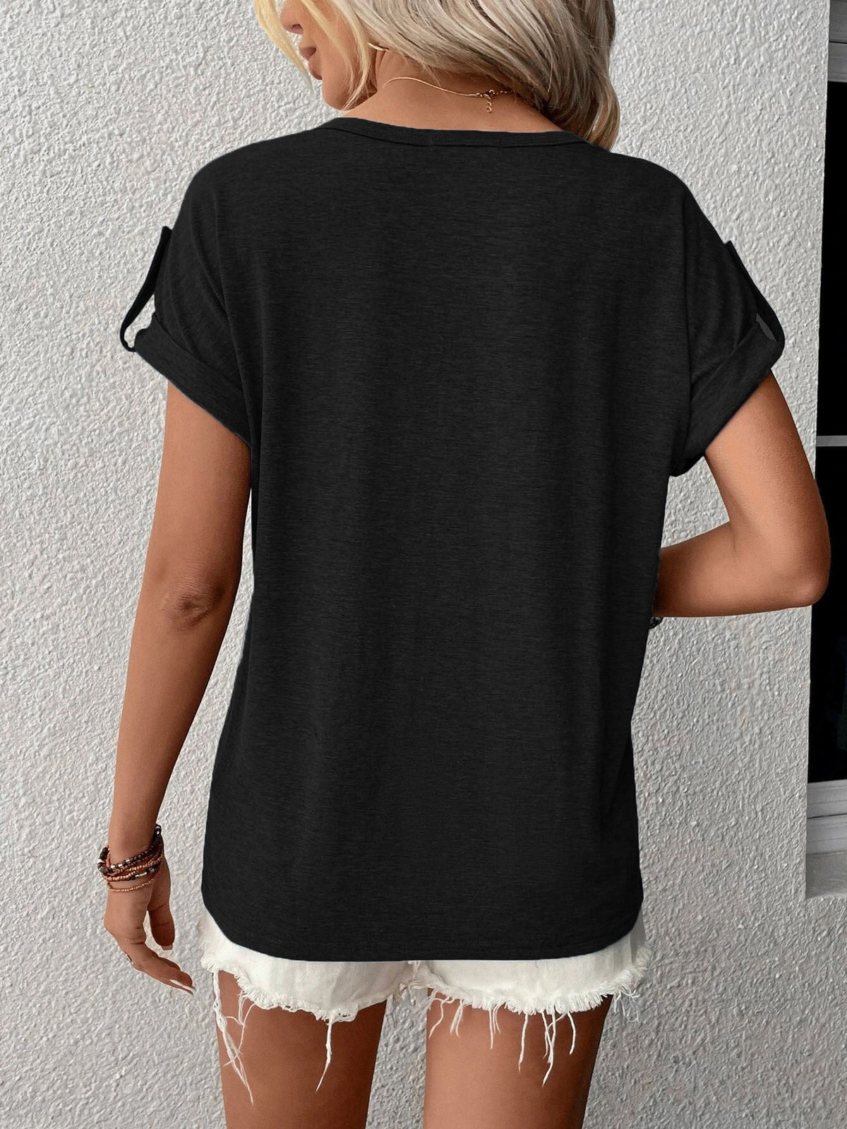 Women's Fashion Oversized Short Sleeve Solid Color V-Neck Button T-Shirt