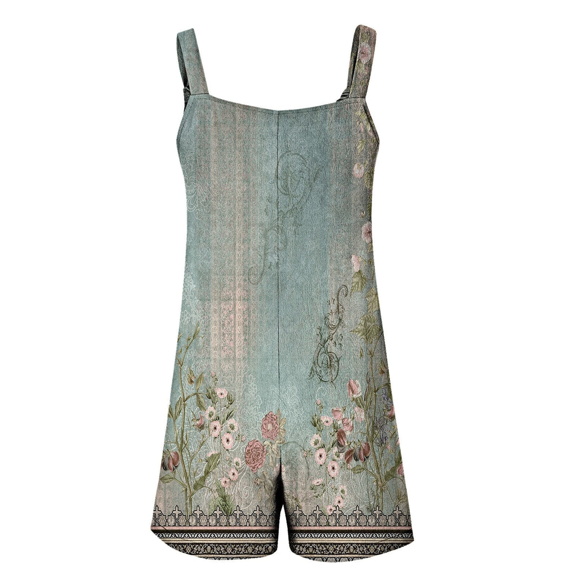 Bohemian Floral Printed Short O Neck Sleeveless Elegant Shorts Loose Rompers with Pockets