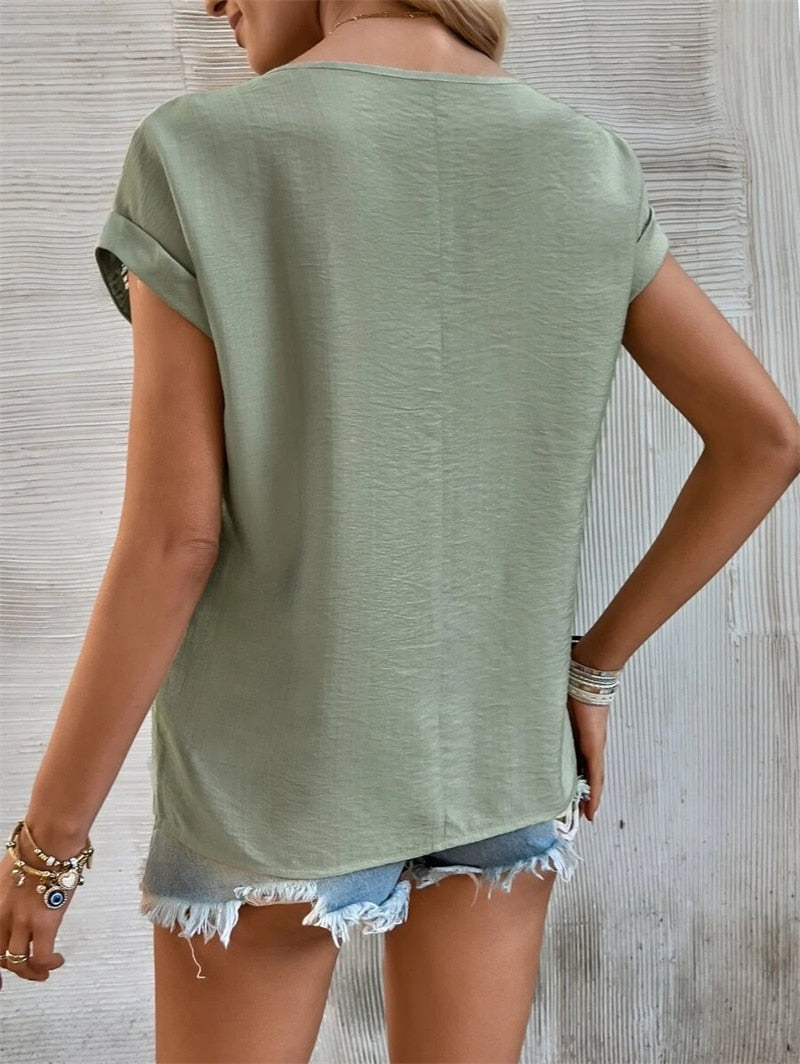 Solid Color Hollow Out Splicing Lace Short Sleeve O Neck Pullover T-Shirt