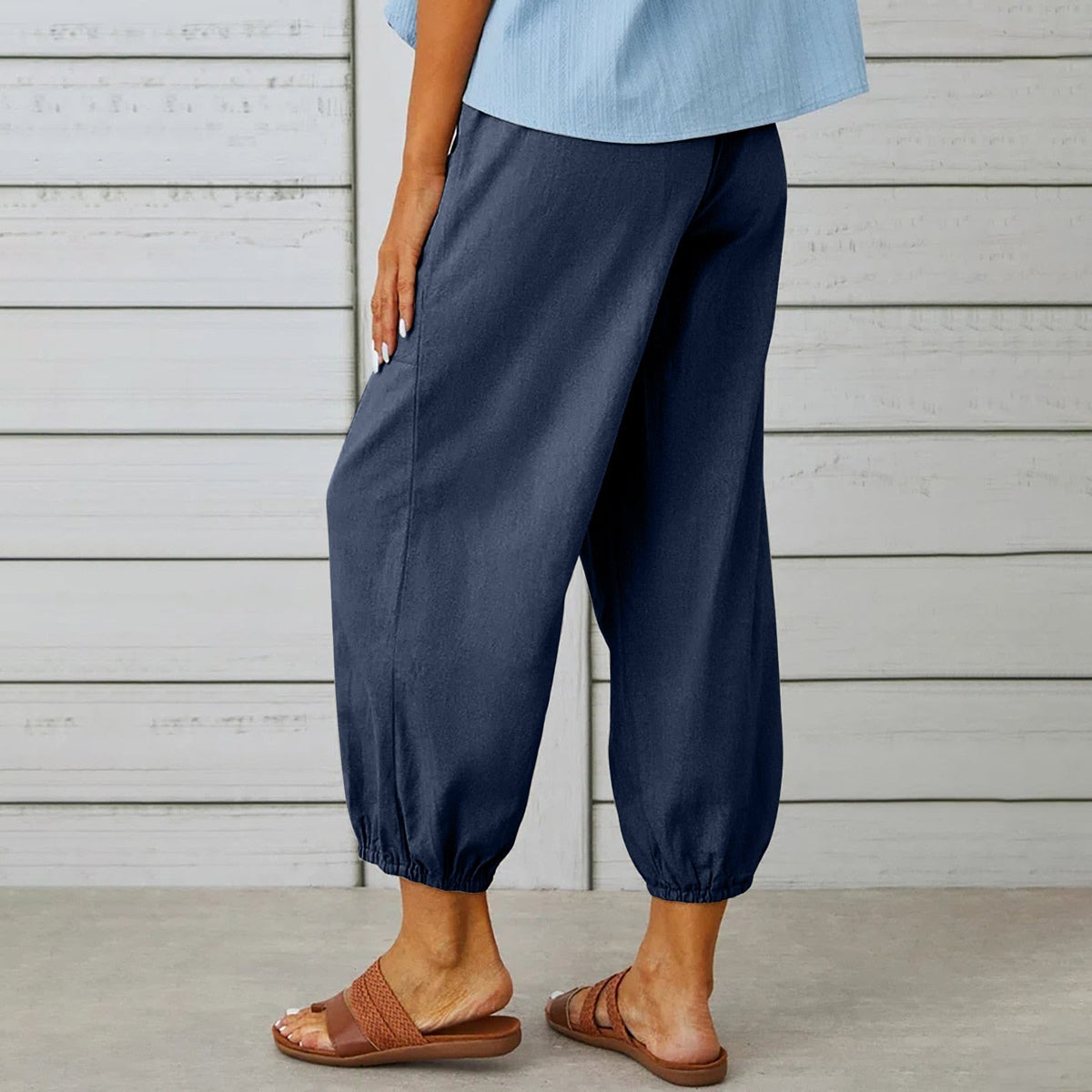 Cotton Linen Pockets Solid Loose Casual Long Trousers