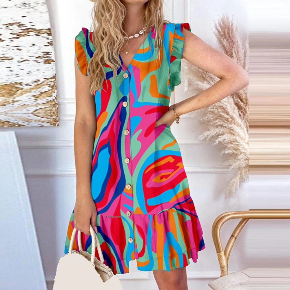 Elegant V Neck Lace Up Printed Short Sleeve Ruffle Design Flower Mini Dress