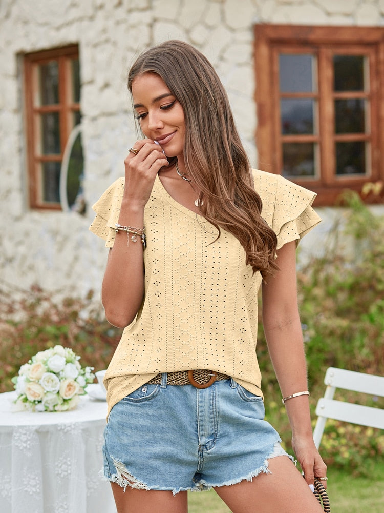 V Neck Short Sleeve Ladies Elegant Casual T-Shirts