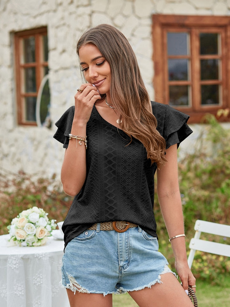 V Neck Short Sleeve Ladies Elegant Casual T-Shirts