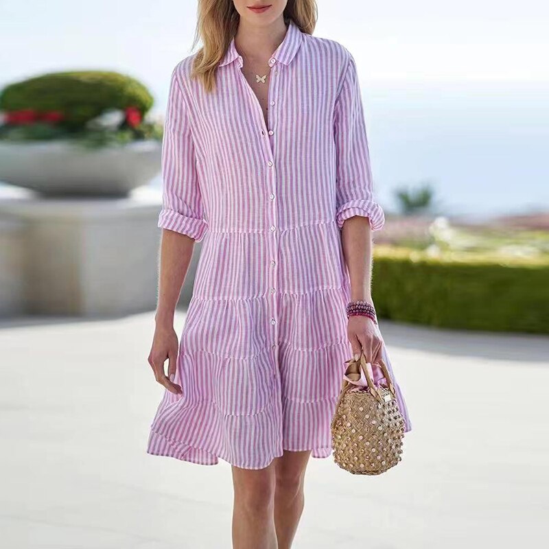 Stripe Buttons Long SleeveTurn-down Collar Patchwork Midi Dress