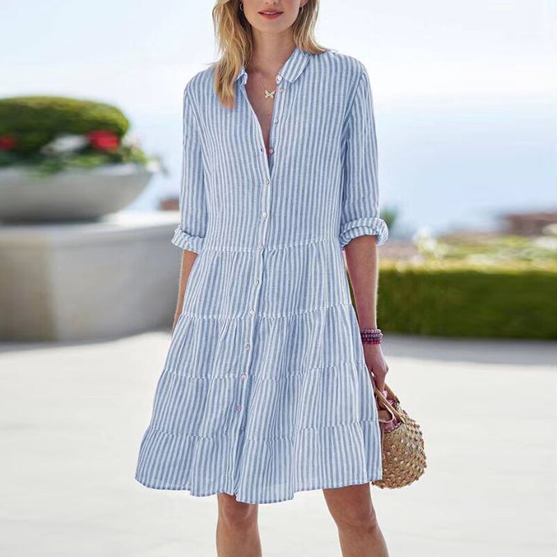 Stripe Buttons Long SleeveTurn-down Collar Patchwork Midi Dress