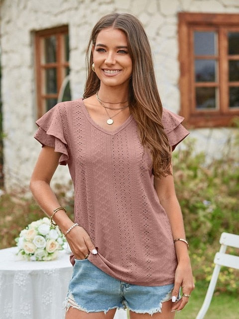 V Neck Short Sleeve Ladies Elegant Casual T-Shirts