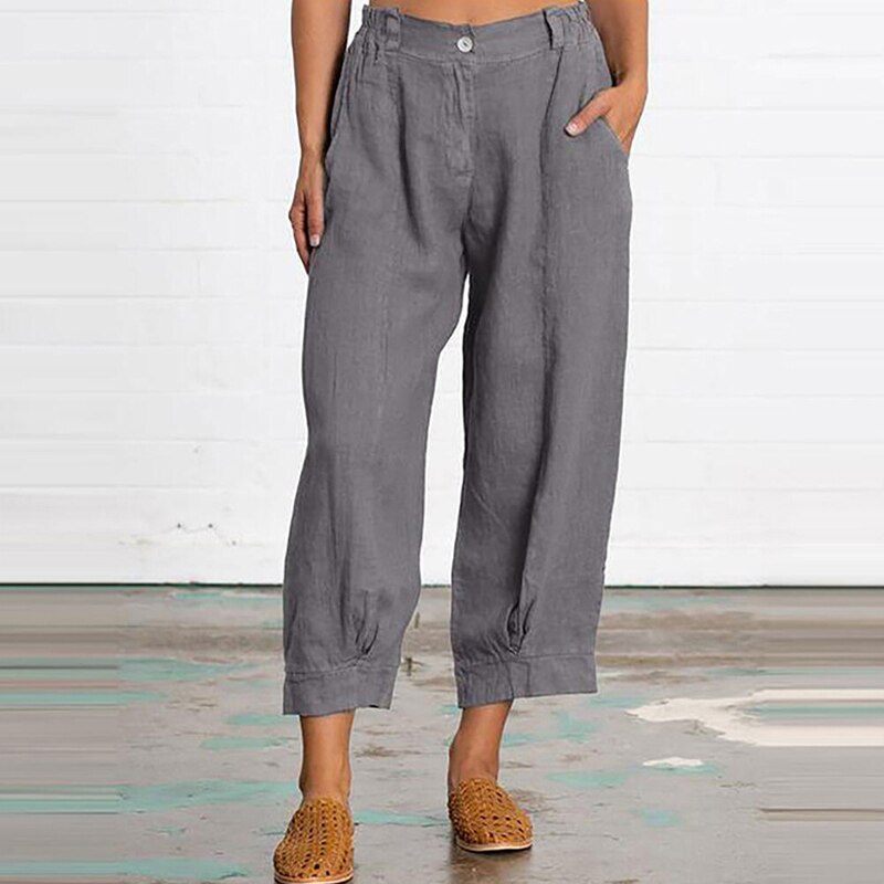 Loose Solid Pocket Cotton and Linen Cropped Pants