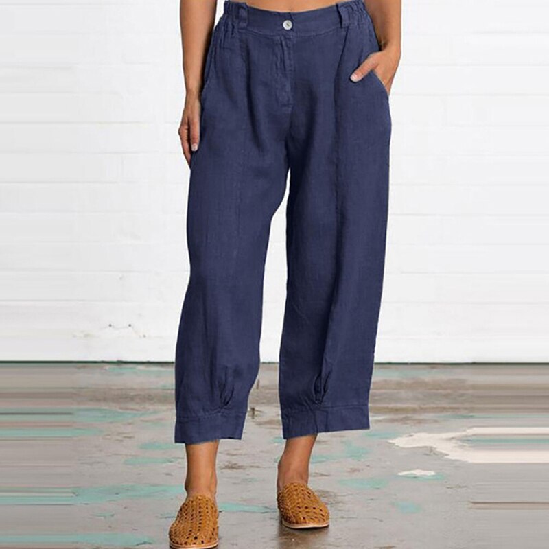 Loose Solid Pocket Cotton and Linen Cropped Pants