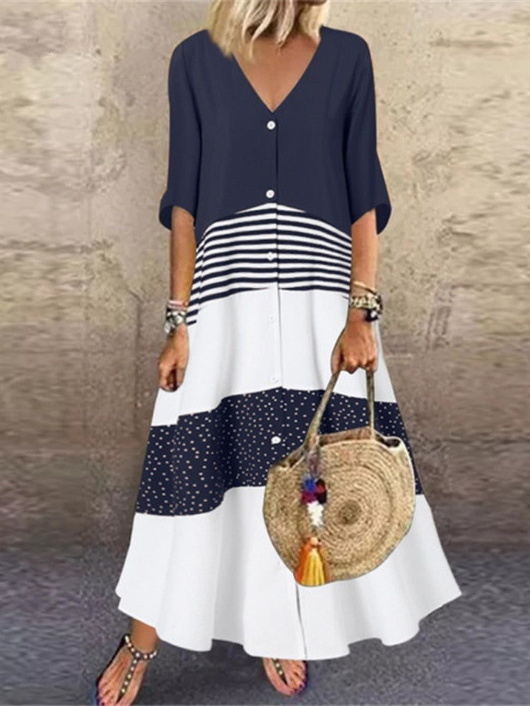 V-neck Short Sleeve Printed  Long Button Casual Maxi Dress