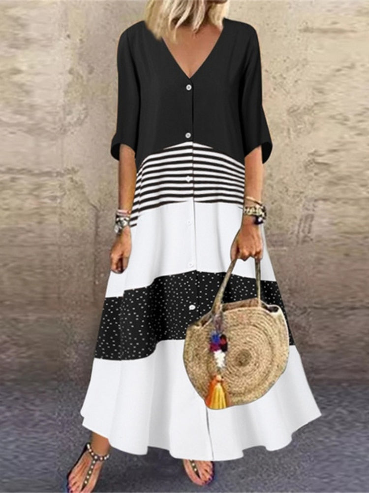 V-neck Short Sleeve Printed  Long Button Casual Maxi Dress