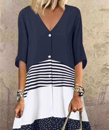 V-neck Short Sleeve Printed  Long Button Casual Maxi Dress