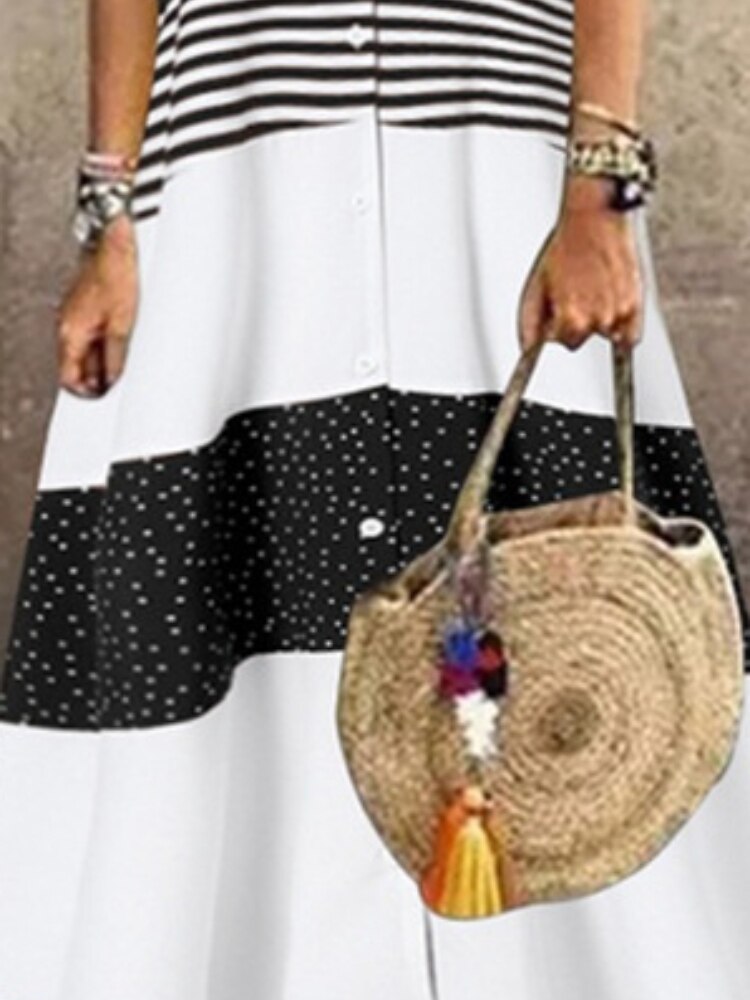 V-neck Short Sleeve Printed  Long Button Casual Maxi Dress