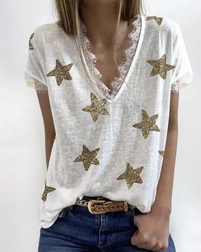 Deep V Neck Lace Patchwork Star Print Casual Loose Short Sleeve Ladies T-Shirts