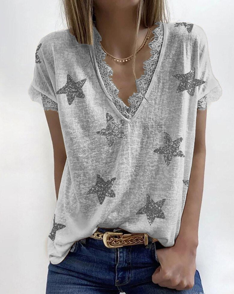 Deep V Neck Lace Patchwork Star Print Casual Loose Short Sleeve Ladies T-Shirts