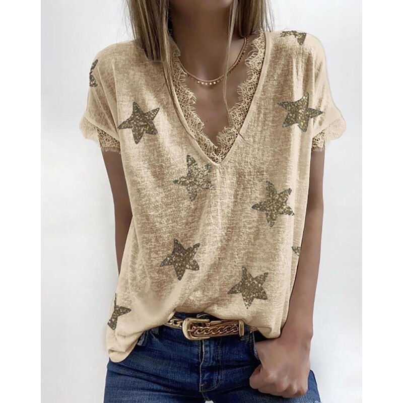 Deep V Neck Lace Patchwork Star Print Casual Loose Short Sleeve Ladies T-Shirts