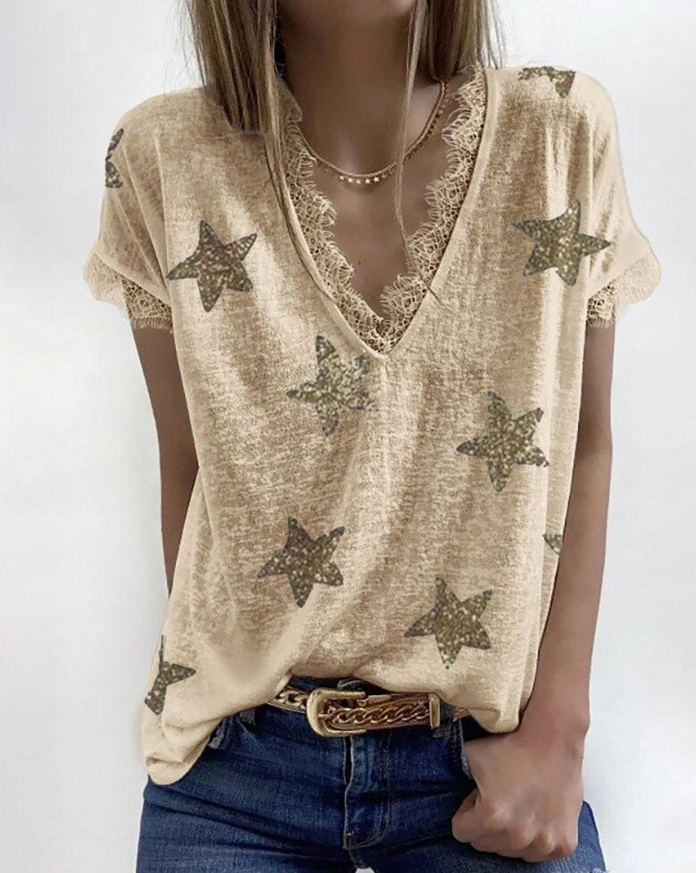 Deep V Neck Lace Patchwork Star Print Casual Loose Short Sleeve Ladies T-Shirts