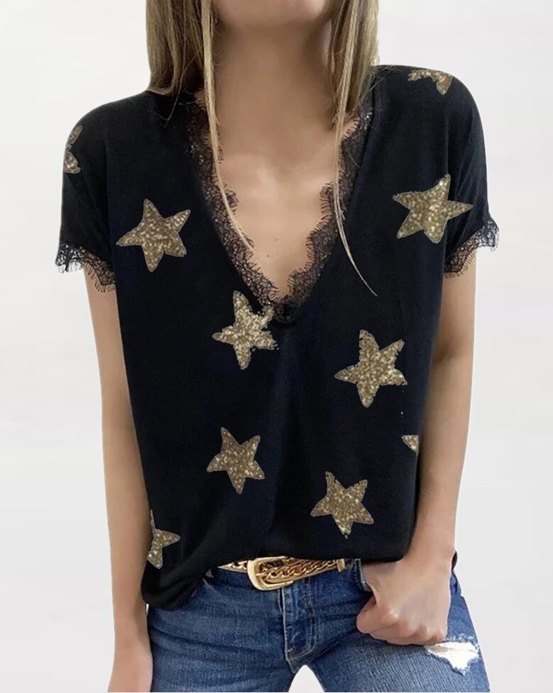 Deep V Neck Lace Patchwork Star Print Casual Loose Short Sleeve Ladies T-Shirts