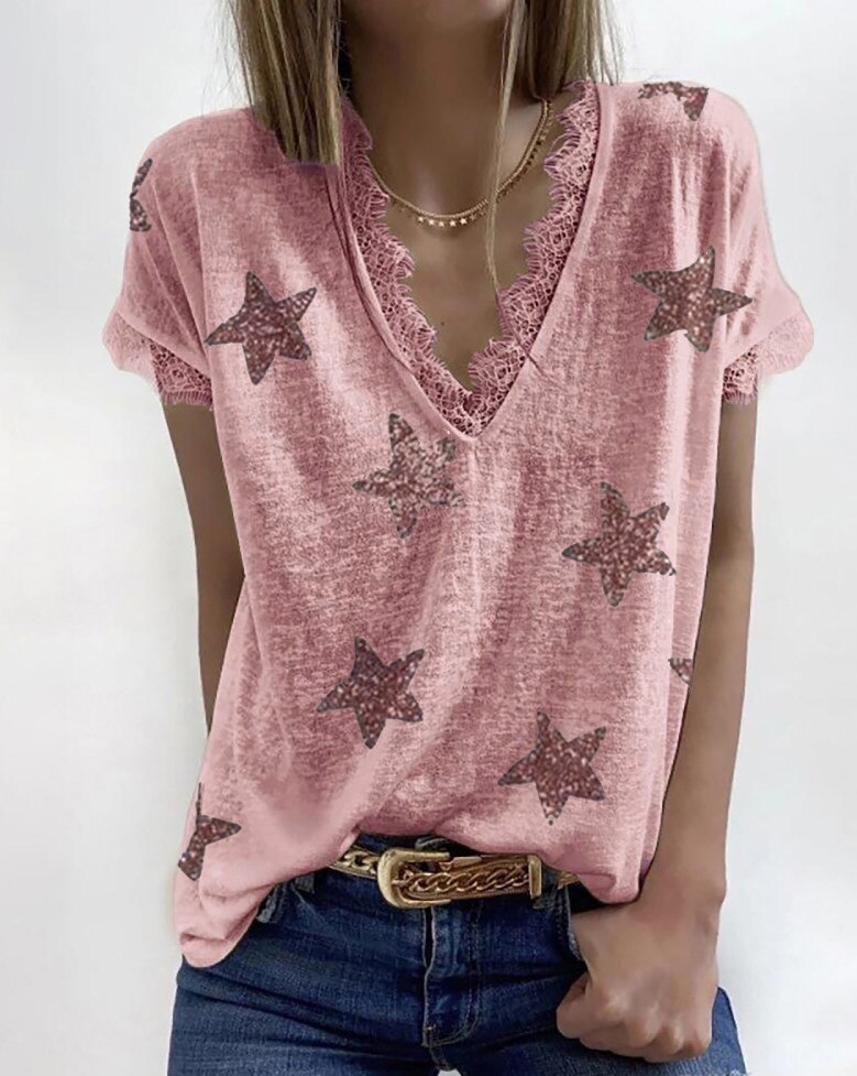 Deep V Neck Lace Patchwork Star Print Casual Loose Short Sleeve Ladies T-Shirts