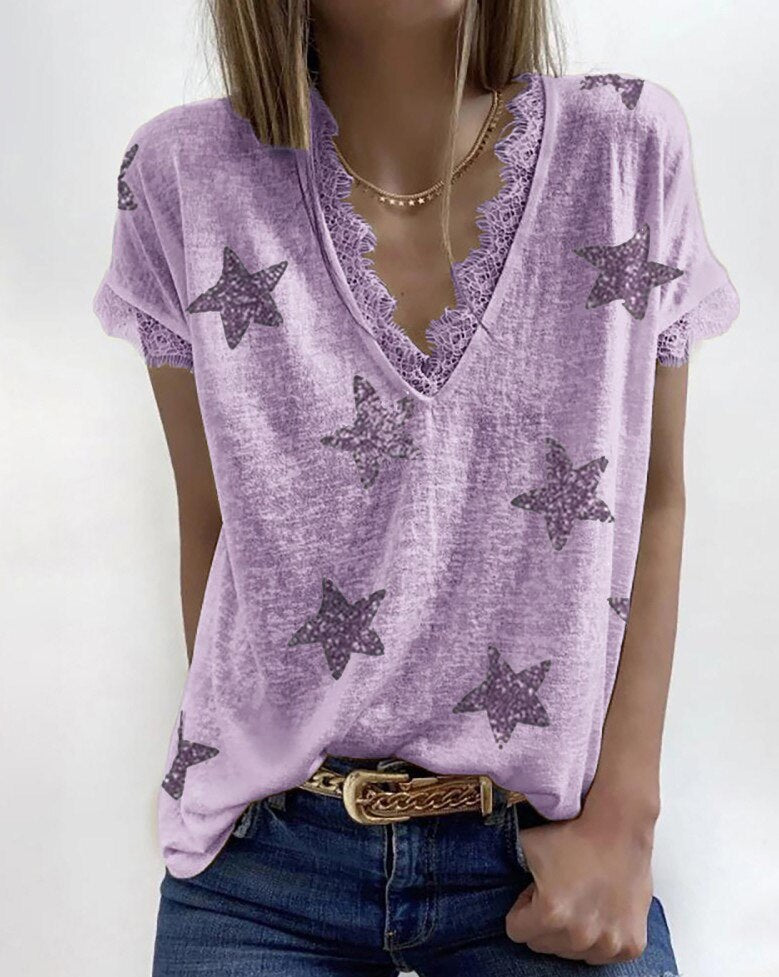 Deep V Neck Lace Patchwork Star Print Casual Loose Short Sleeve Ladies T-Shirts