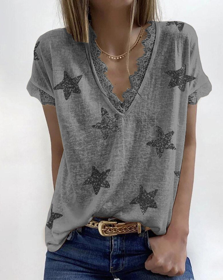 Deep V Neck Lace Patchwork Star Print Casual Loose Short Sleeve Ladies T-Shirts
