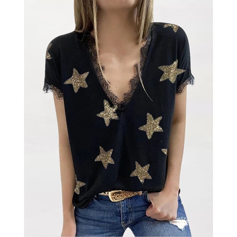 Deep V Neck Lace Patchwork Star Print Casual Loose Short Sleeve Ladies T-Shirts