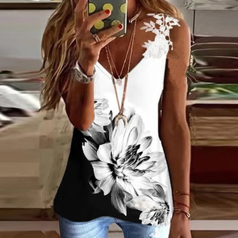 Print Lace Strap V Neck Sleeveless Tank Tops