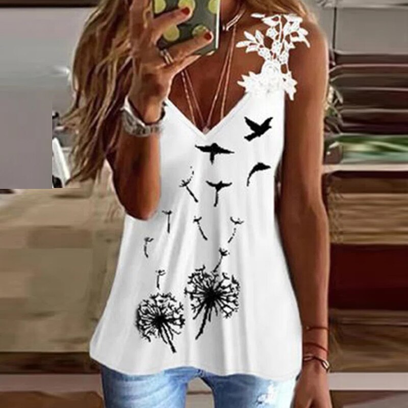 Print Lace Strap V Neck Sleeveless Tank Tops
