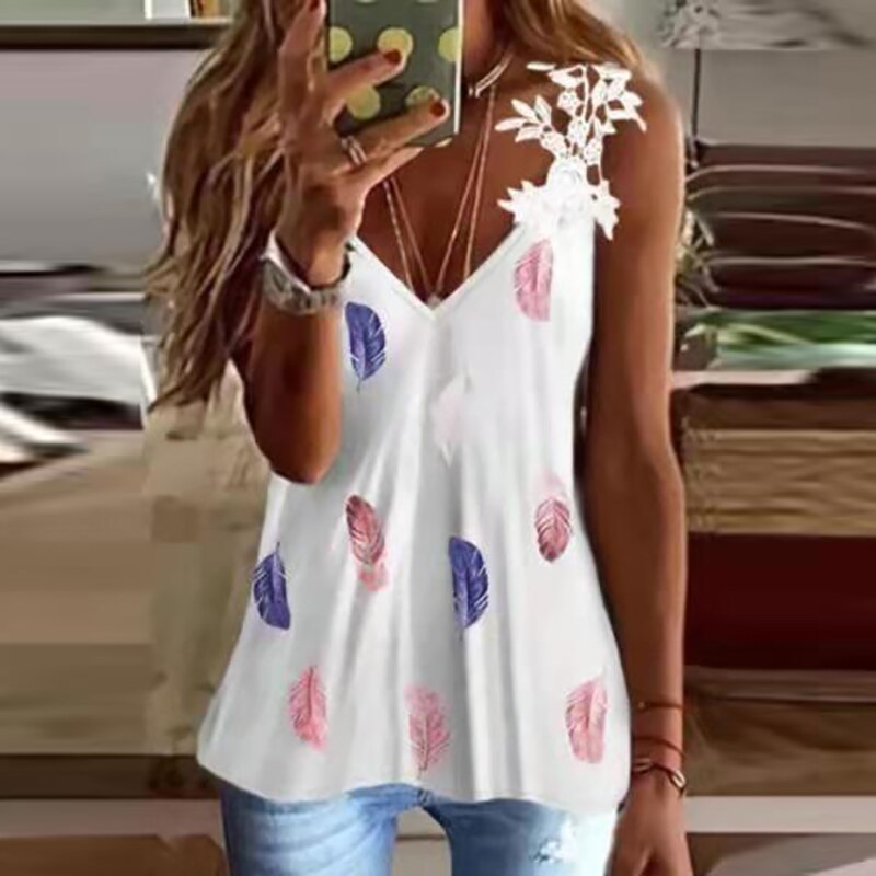 Print Lace Strap V Neck Sleeveless Tank Tops