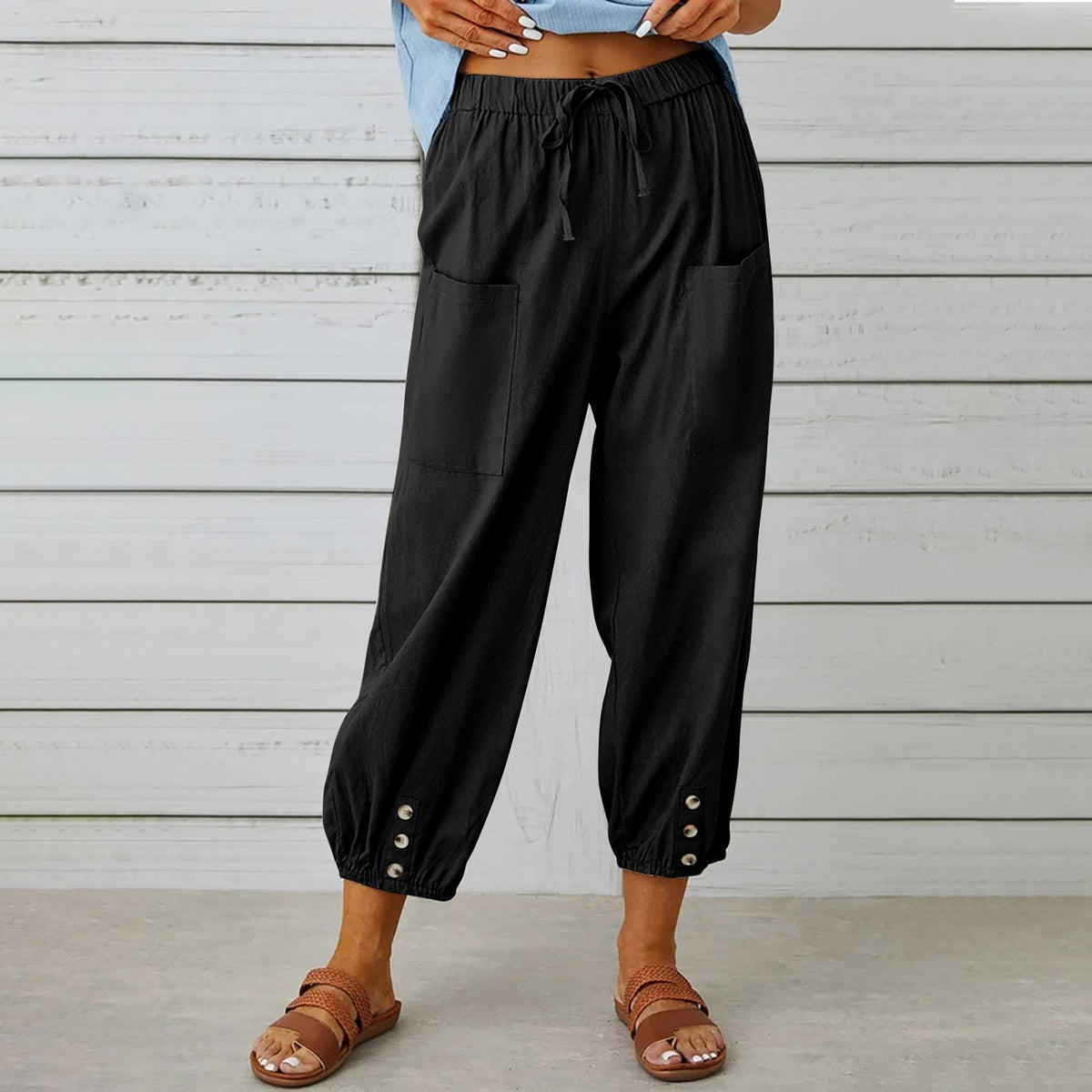 Cotton Linen Pockets Solid Loose Casual Long Trousers