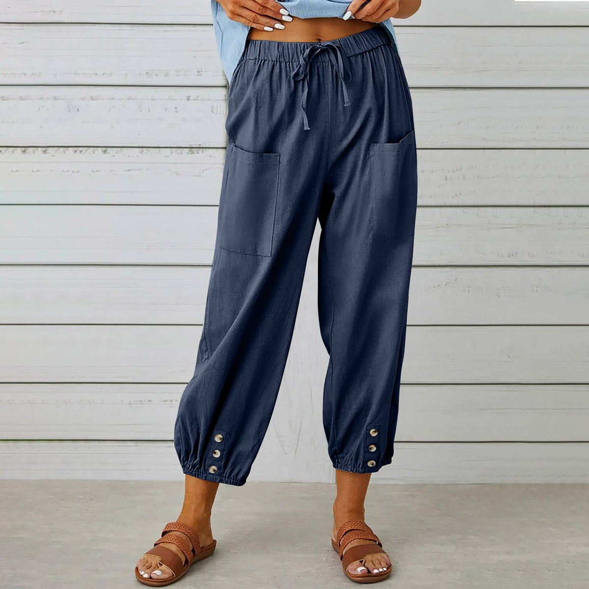 Cotton Linen Pockets Solid Loose Casual Long Trousers