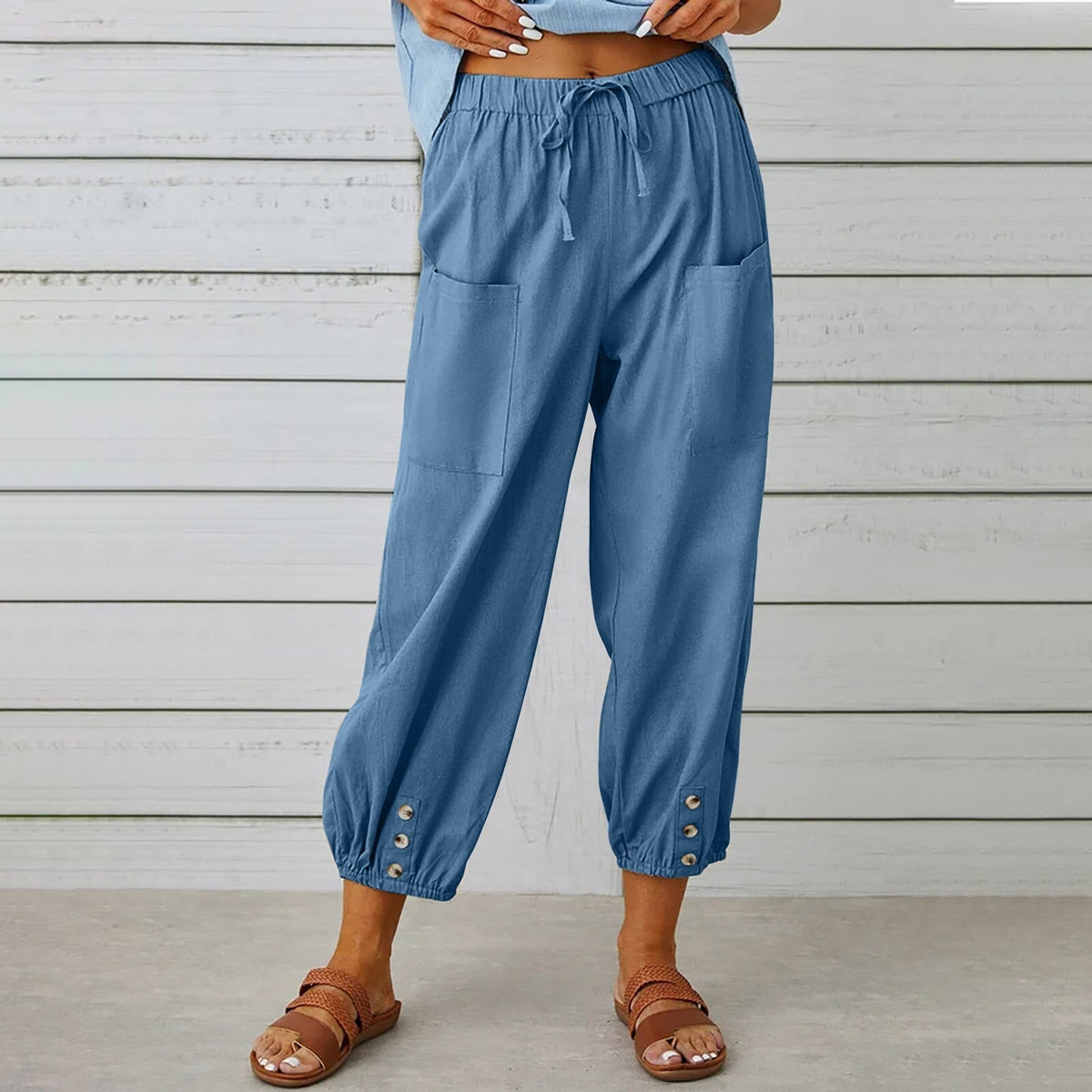 Cotton Linen Pockets Solid Loose Casual Long Trousers